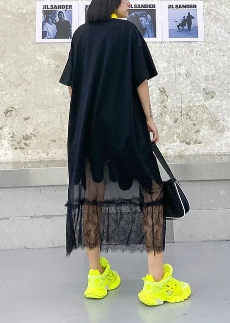 Beautiful black embroidery cotton clothes lapel patchwork tulle Traveling Dresses