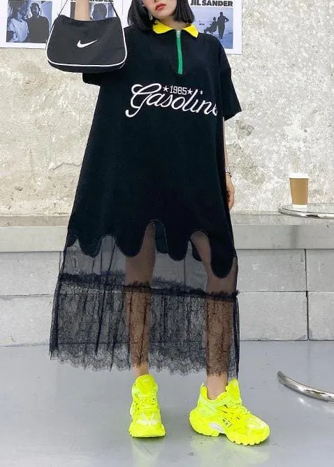 Beautiful black embroidery cotton clothes lapel patchwork tulle Traveling Dresses