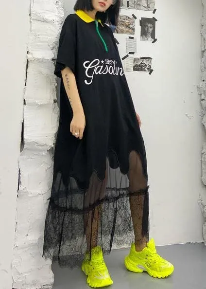 Beautiful black embroidery cotton clothes lapel patchwork tulle Traveling Dresses