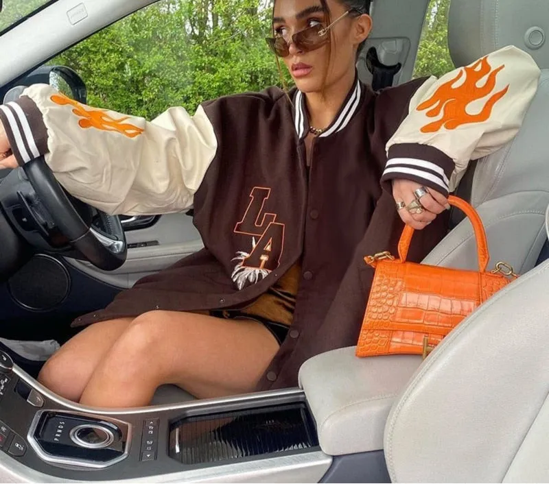 Oversized LA Fire Print Varsity Jacket