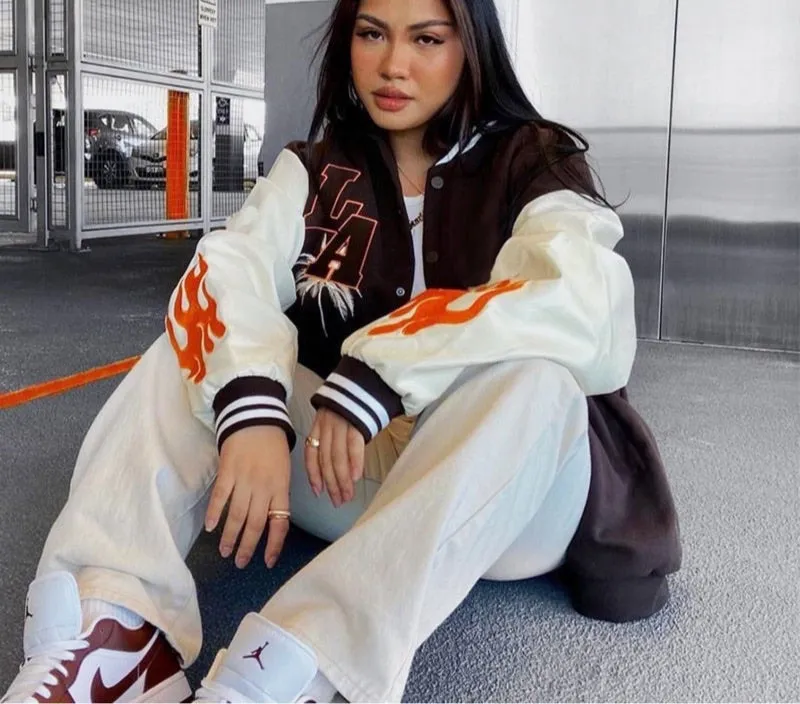 Oversized LA Fire Print Varsity Jacket